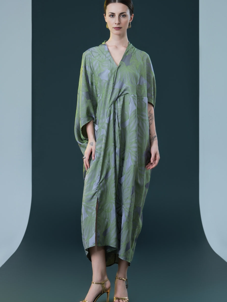 Silver and Beige Leaf Print Kaftan Dress