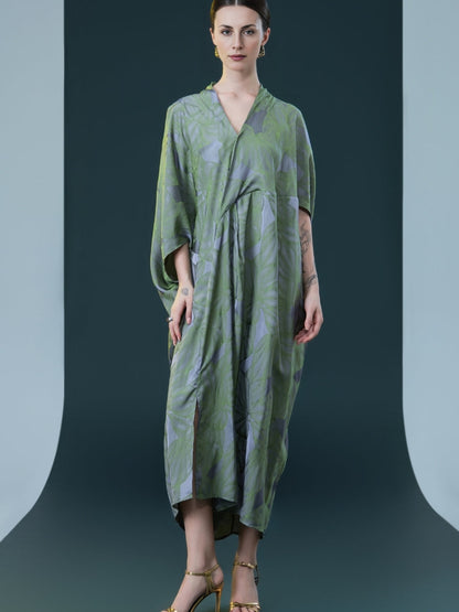 Silver and Beige Leaf Print Kaftan Dress