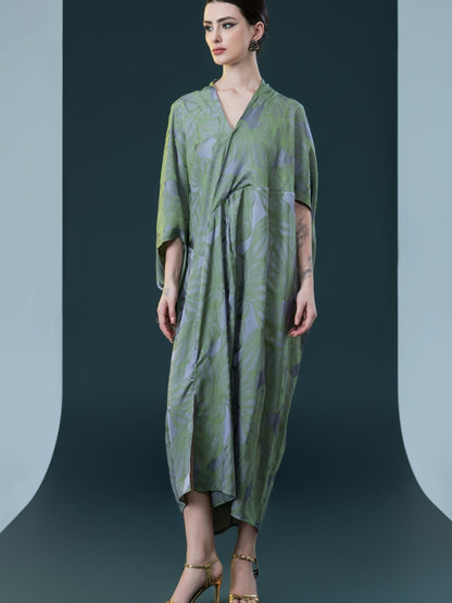 Silver and Beige Leaf Print Kaftan Dress