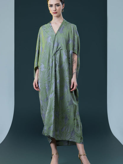 Silver and Beige Leaf Print Kaftan Dress