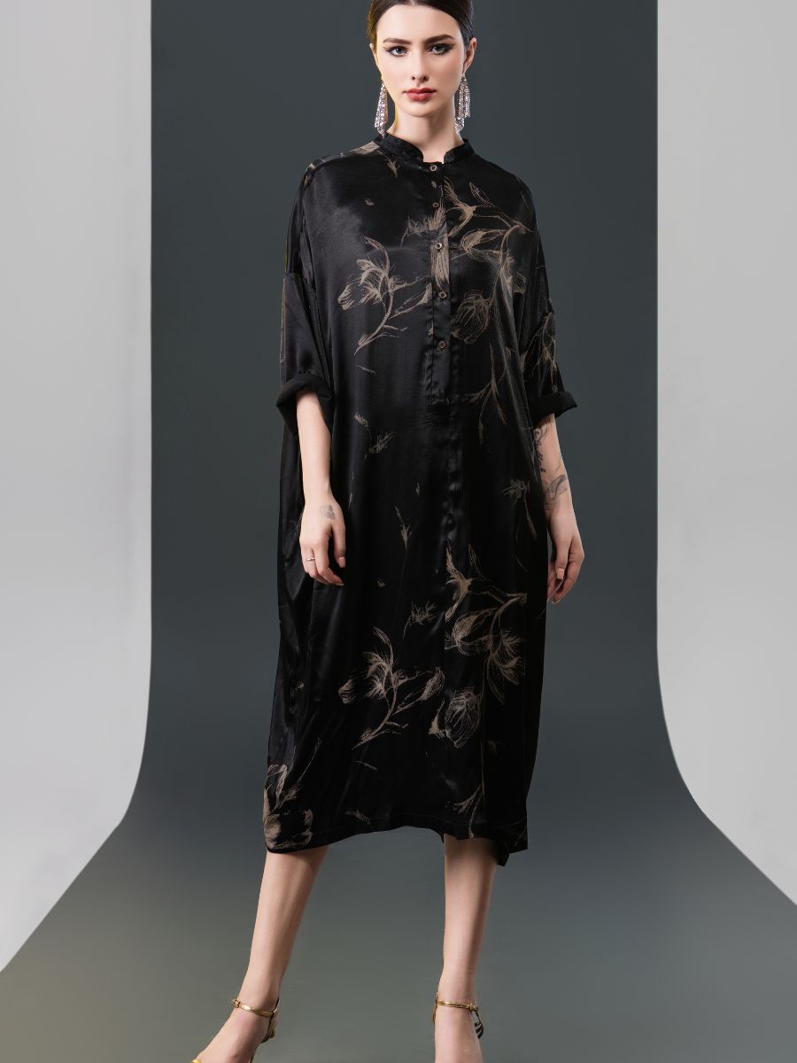 Black Satin Floral Print Kaftan Dress