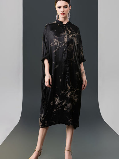 Black Satin Floral Print Kaftan Dress