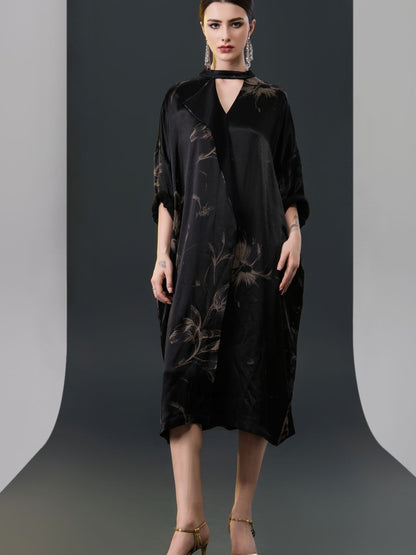 Black Satin Floral Print Kaftan Dress