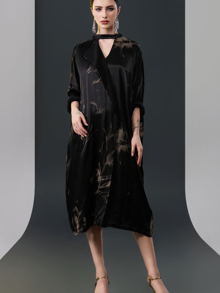 Black Satin Floral Print Kaftan Dress