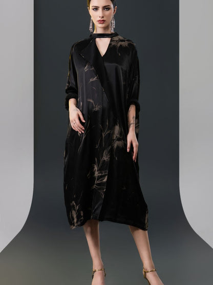 Black Satin Floral Print Kaftan Dress