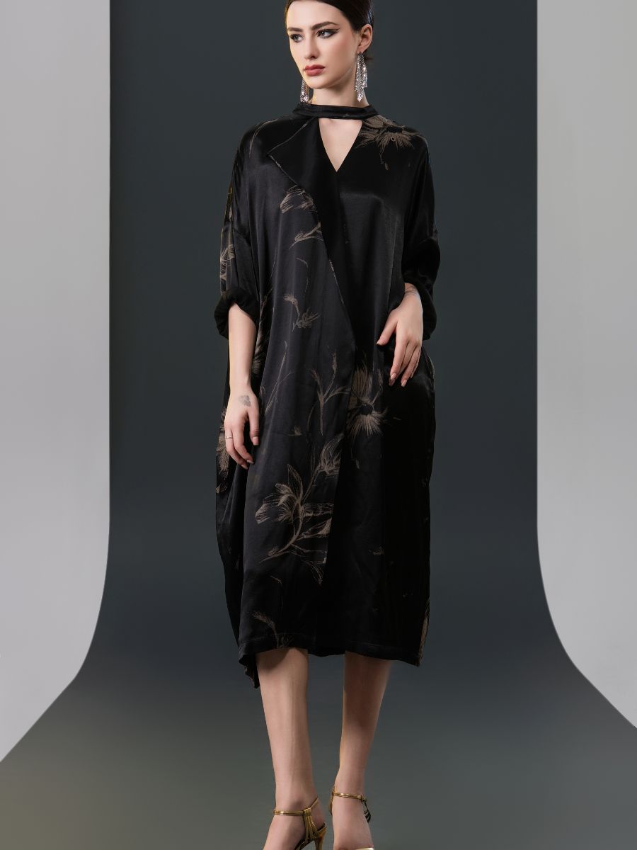 Black Satin Floral Print Kaftan Dress