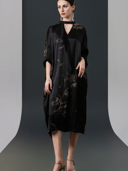 Black Satin Floral Print Kaftan Dress