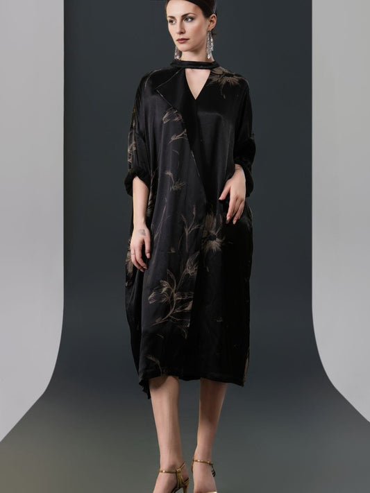 Black Satin Floral Print Kaftan Dress