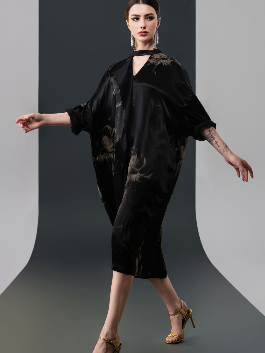 Black Satin Floral Print Kaftan Dress