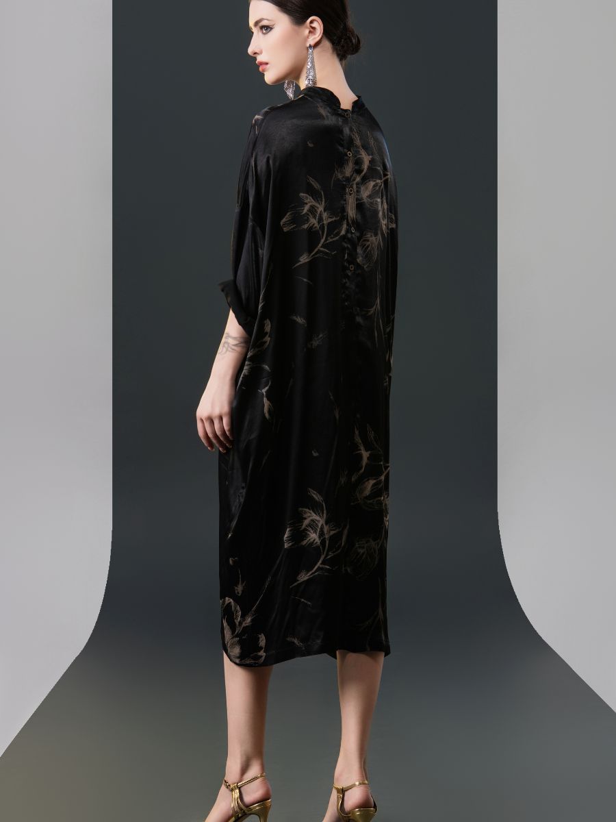 Black Satin Floral Print Kaftan Dress