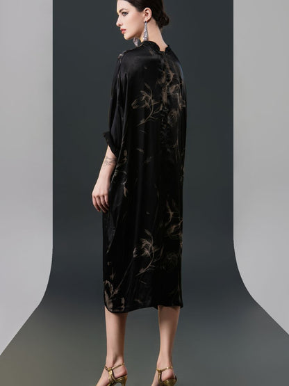 Black Satin Floral Print Kaftan Dress