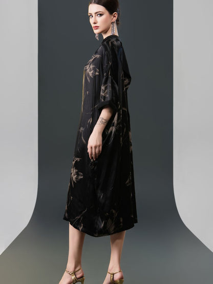 Black Satin Floral Print Kaftan Dress