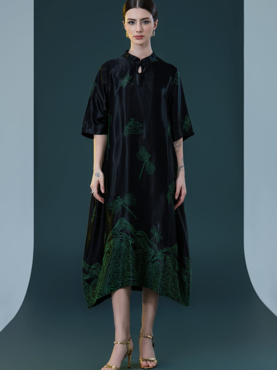 Black Satin Dress with Green Dragonfly Embroidery
