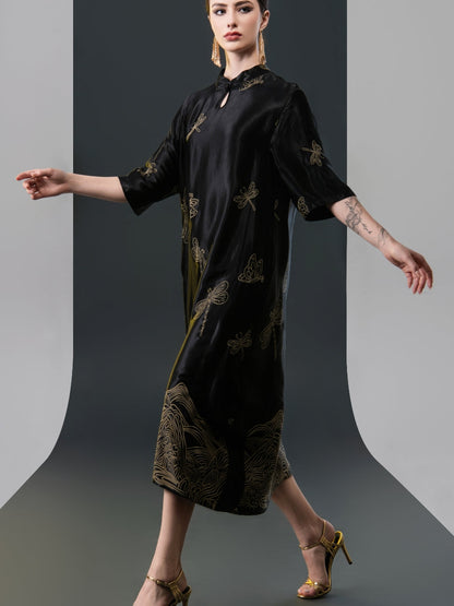 Black Satin Dress with Green Dragonfly Embroidery