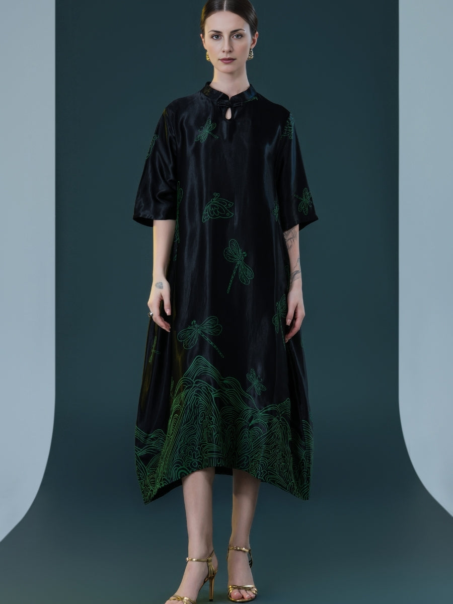 Black Satin Dress with Green Dragonfly Embroidery