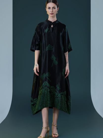 Black Satin Dress with Green Dragonfly Embroidery