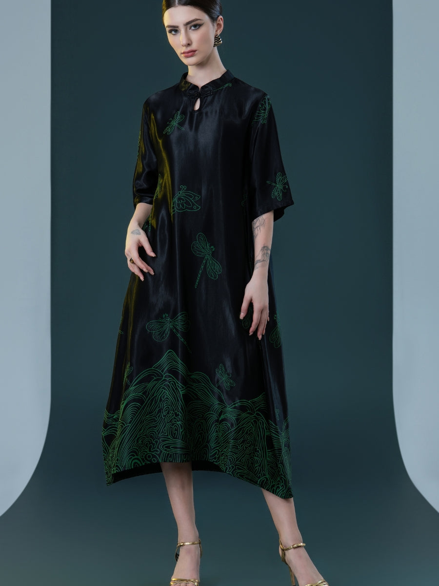 Black Satin Dress with Green Dragonfly Embroidery