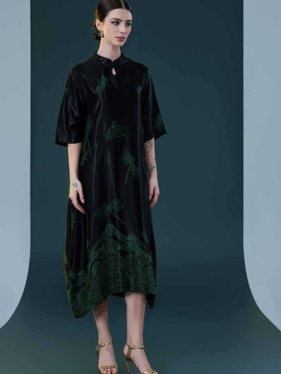Black Satin Dress with Green Dragonfly Embroidery