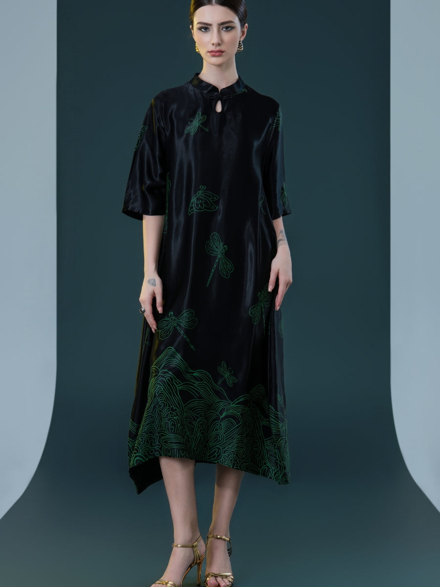 Black Satin Dress with Green Dragonfly Embroidery