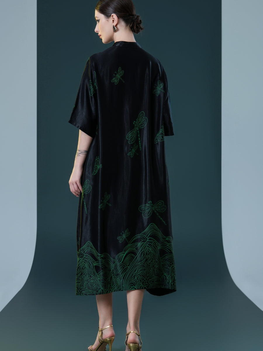 Black Satin Dress with Green Dragonfly Embroidery