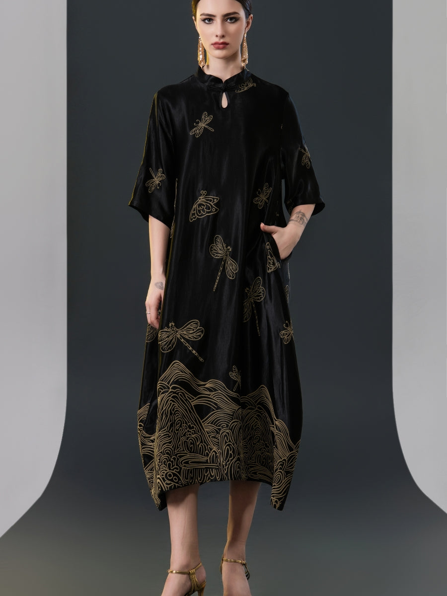 Black Satin Dress with Green Dragonfly Embroidery