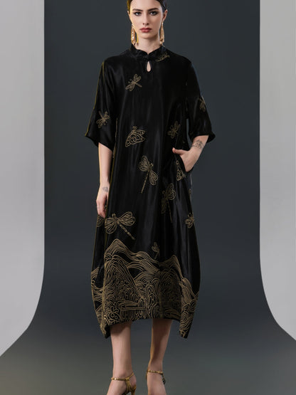 Black Satin Dress with Green Dragonfly Embroidery