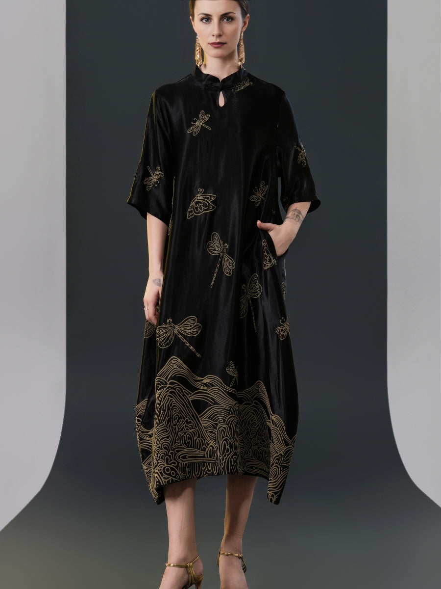 Black Satin Dress with Green Dragonfly Embroidery