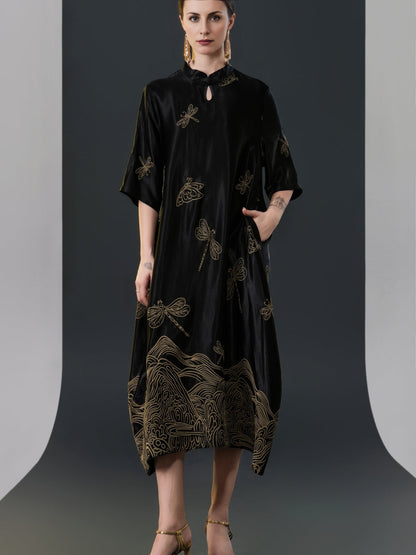 Black Satin Dress with Green Dragonfly Embroidery