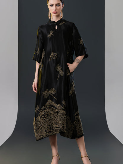 Black Satin Dress with Green Dragonfly Embroidery