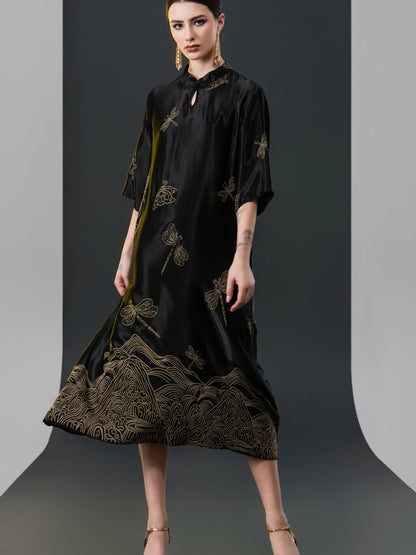 Black Satin Dress with Green Dragonfly Embroidery