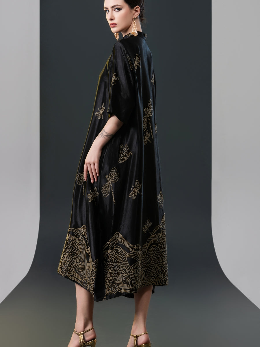 Black Satin Dress with Green Dragonfly Embroidery