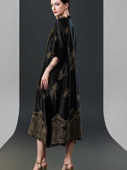 Black Satin Dress with Green Dragonfly Embroidery