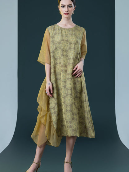 Elegant Geometric Print Midi Dress with Asymmetrical Layers