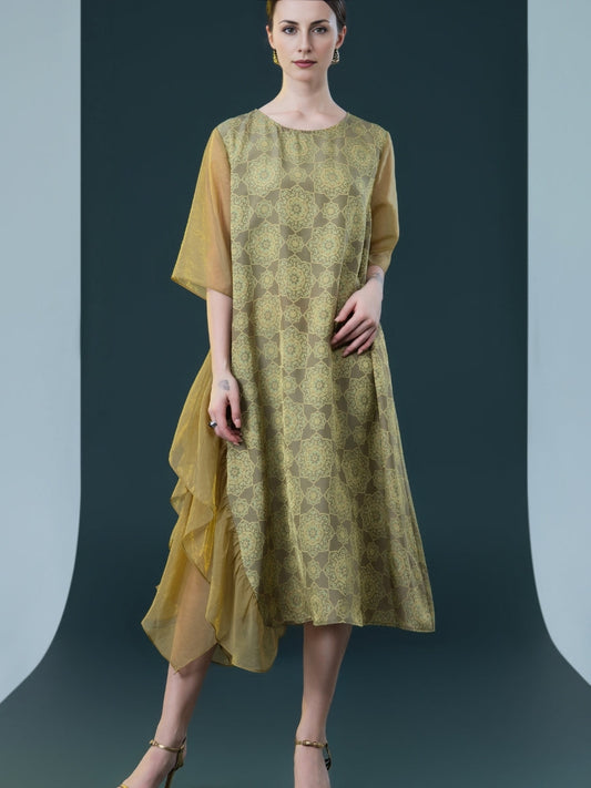 Elegant Geometric Print Midi Dress with Asymmetrical Layers