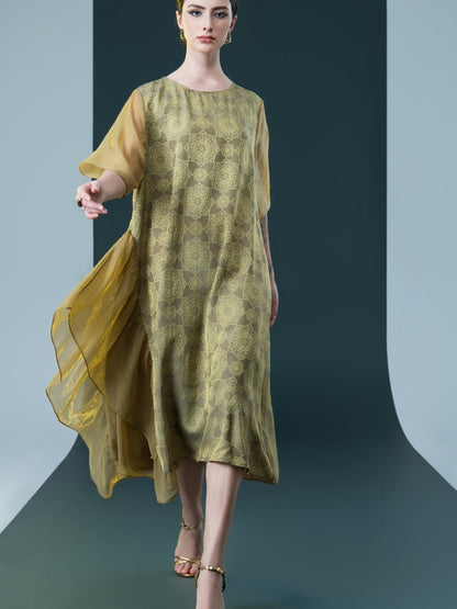 Elegant Geometric Print Midi Dress with Asymmetrical Layers