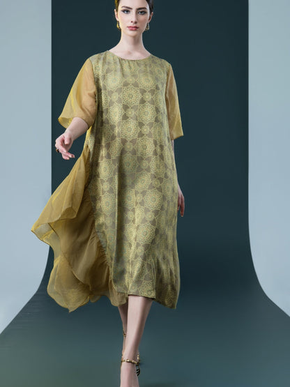 Elegant Geometric Print Midi Dress with Asymmetrical Layers