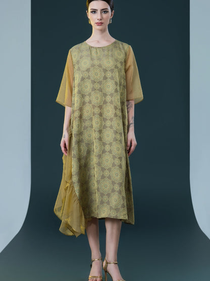 Elegant Geometric Print Midi Dress with Asymmetrical Layers