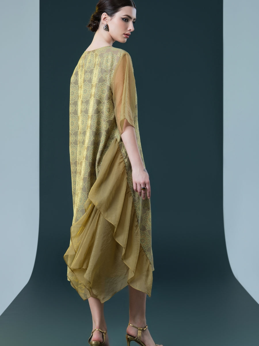 Elegant Geometric Print Midi Dress with Asymmetrical Layers