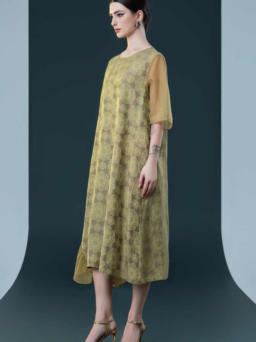 Elegant Geometric Print Midi Dress with Asymmetrical Layers