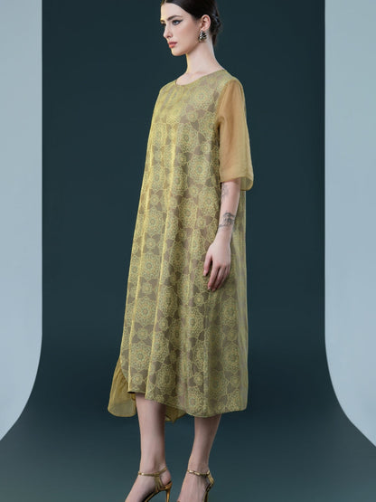 Elegant Geometric Print Midi Dress with Asymmetrical Layers