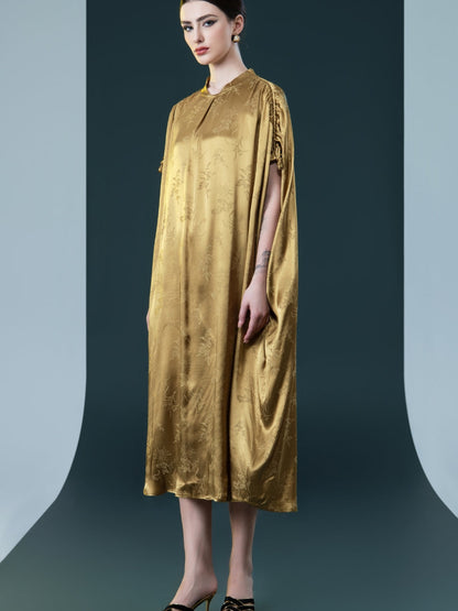 Golden Silk Embroidered Midi Kaftan Dress