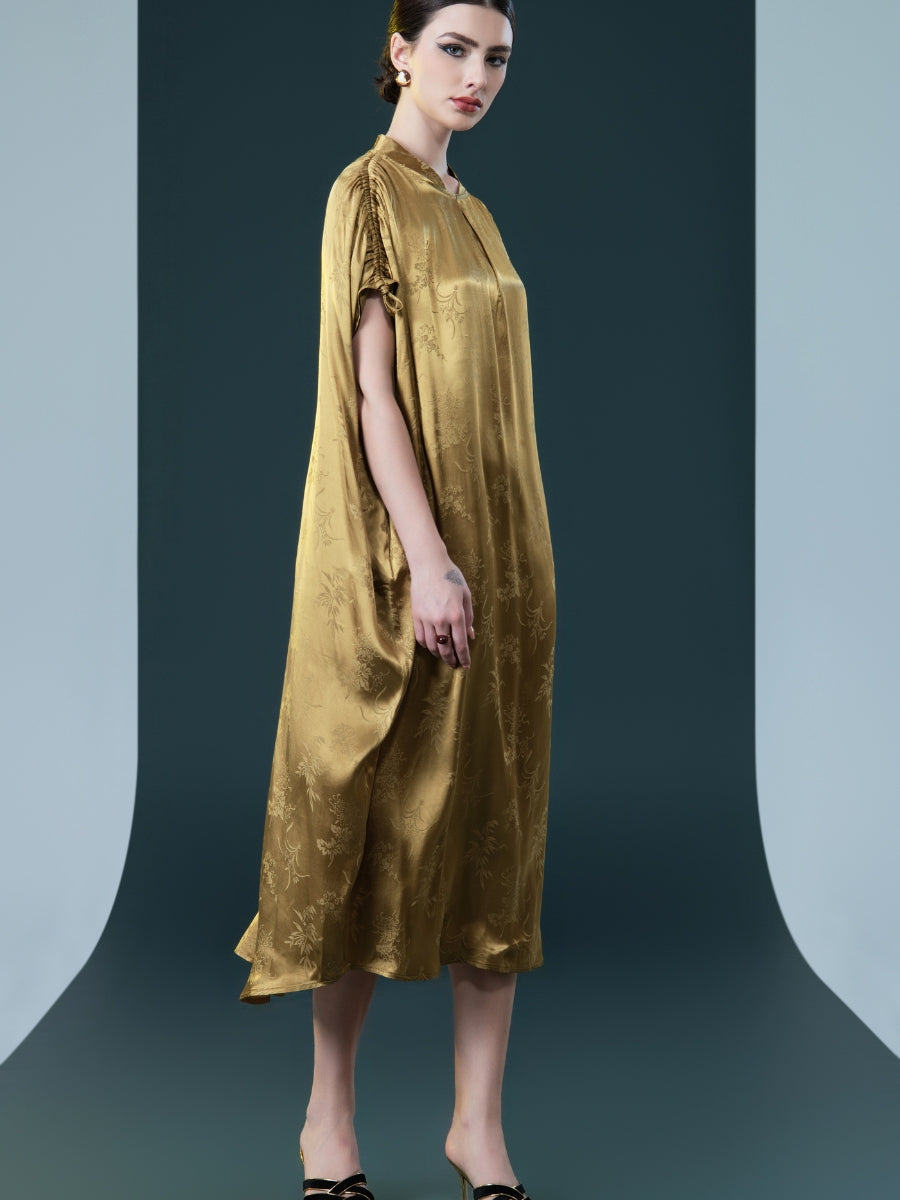 Golden Silk Embroidered Midi Kaftan Dress