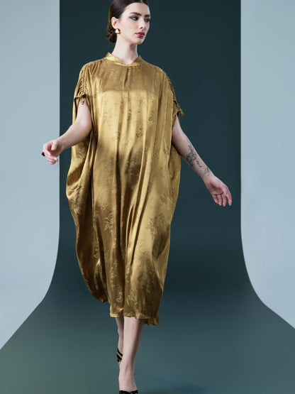 Golden Silk Embroidered Midi Kaftan Dress