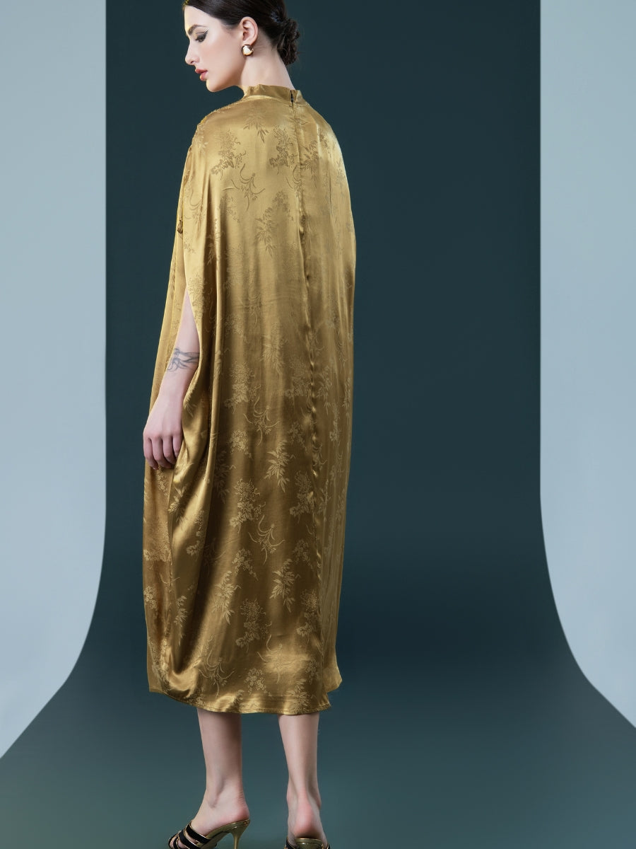 Golden Silk Embroidered Midi Kaftan Dress