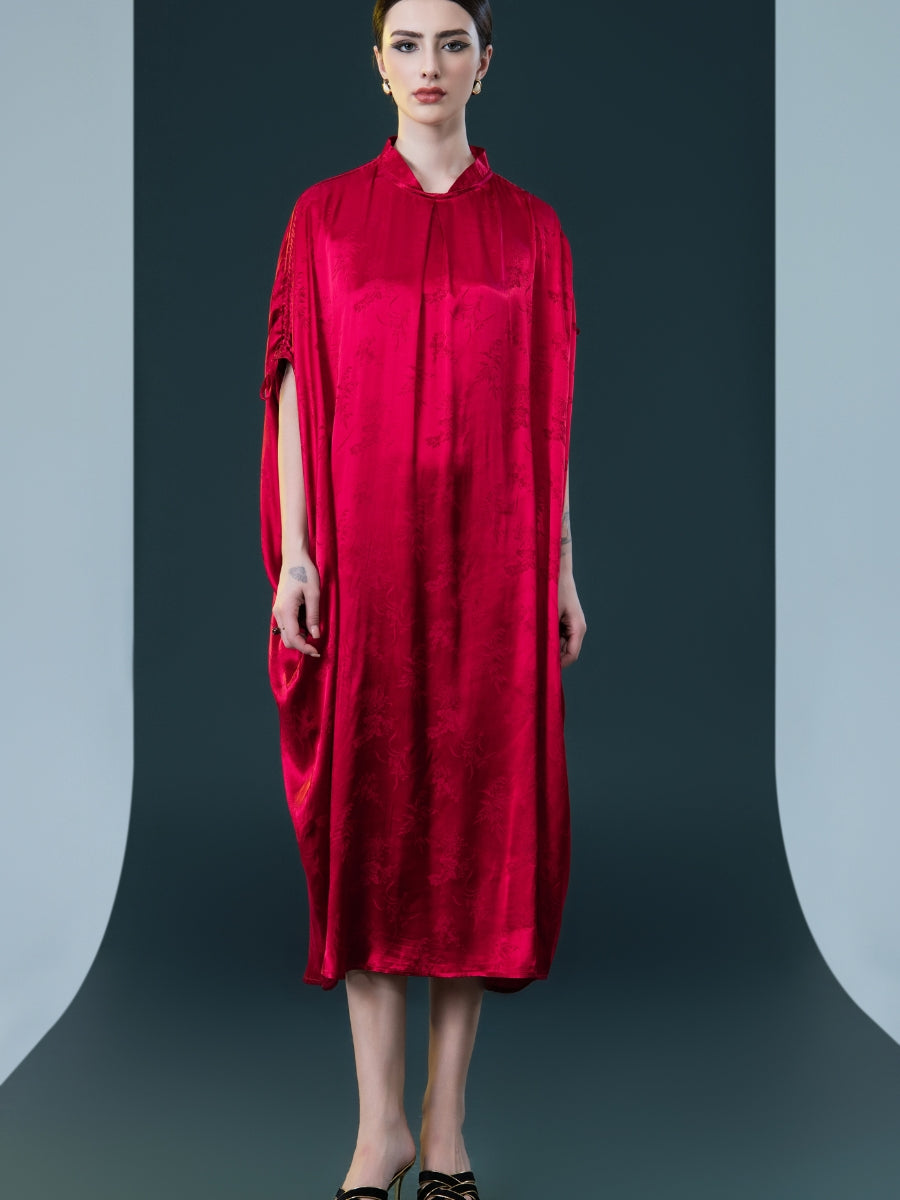 Golden Silk Embroidered Midi Kaftan Dress