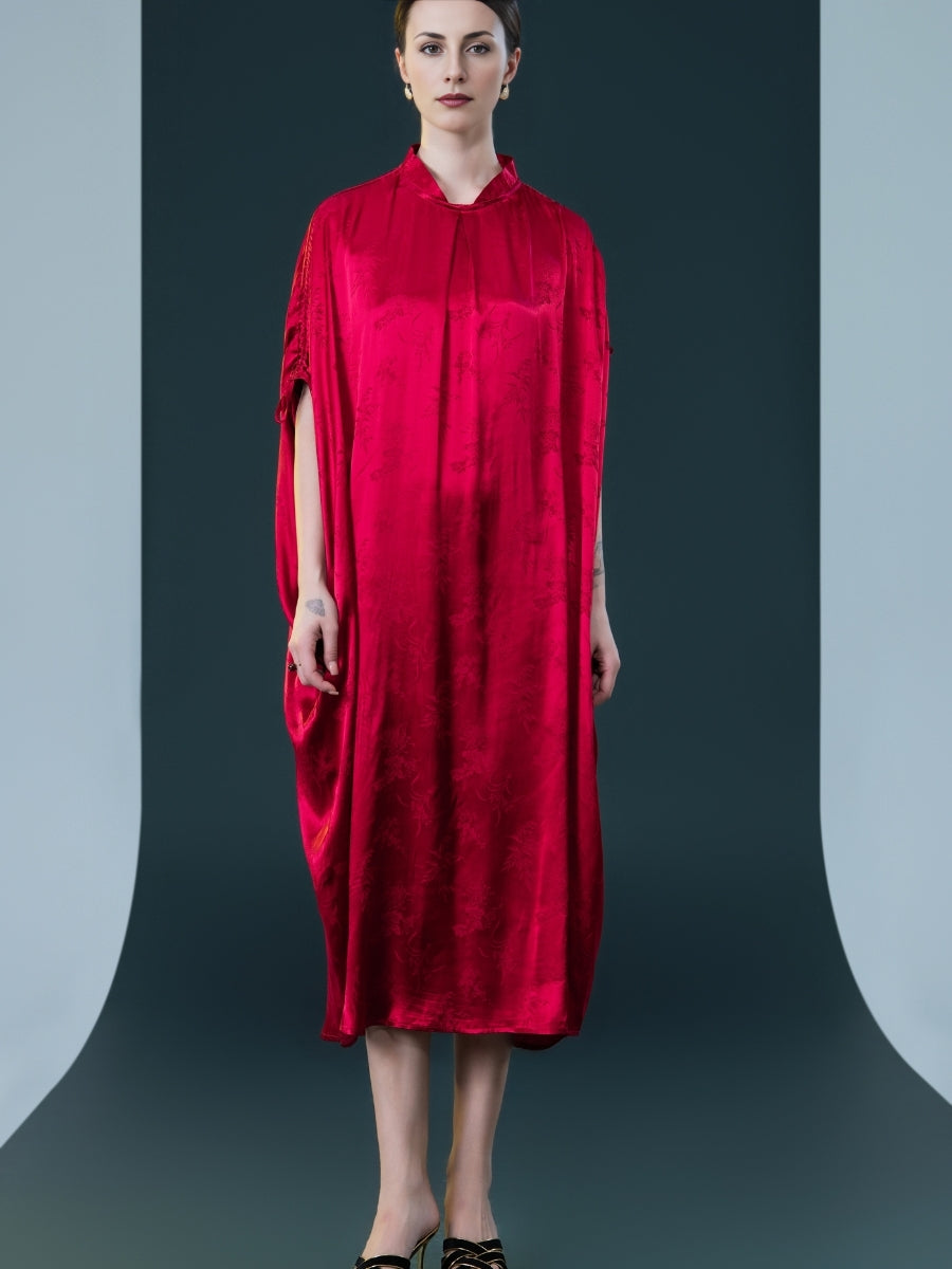 Golden Silk Embroidered Midi Kaftan Dress