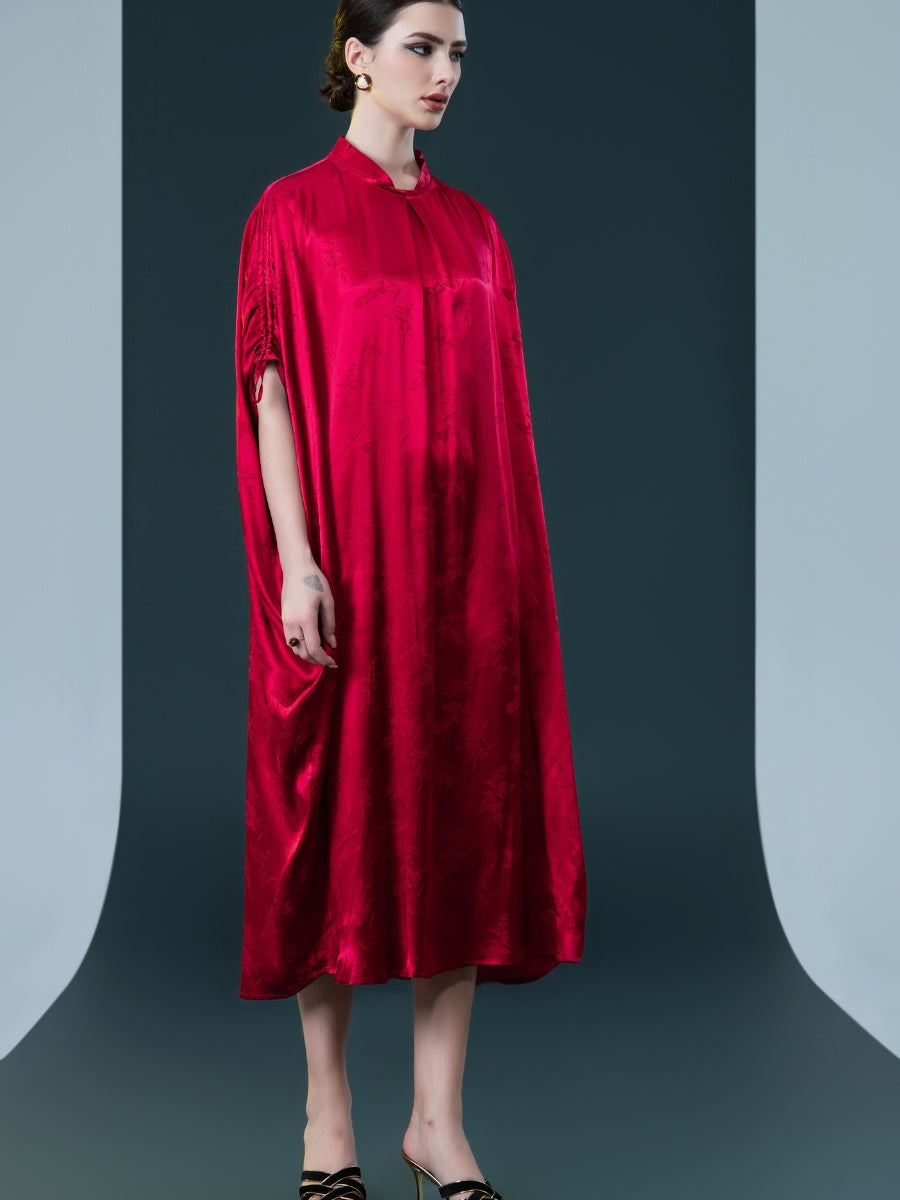 Golden Silk Embroidered Midi Kaftan Dress