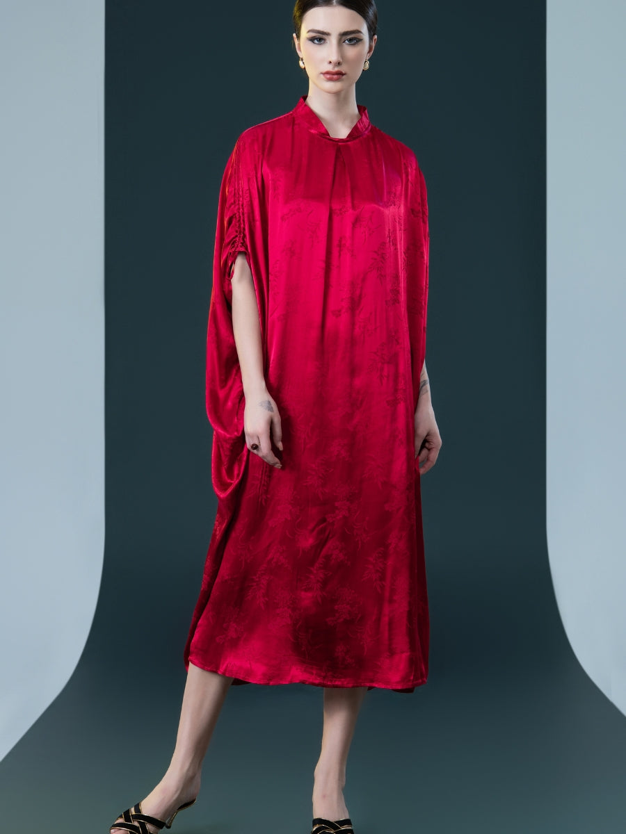 Golden Silk Embroidered Midi Kaftan Dress