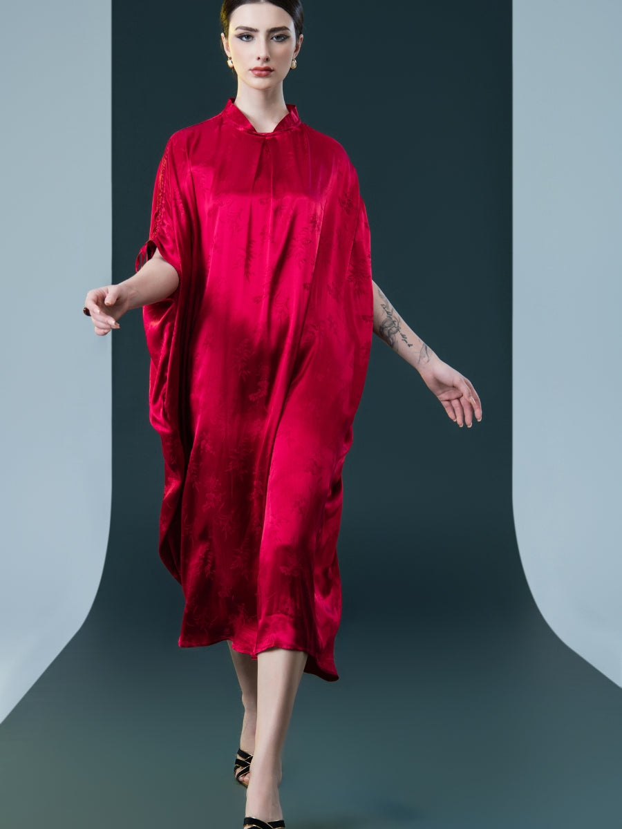 Golden Silk Embroidered Midi Kaftan Dress