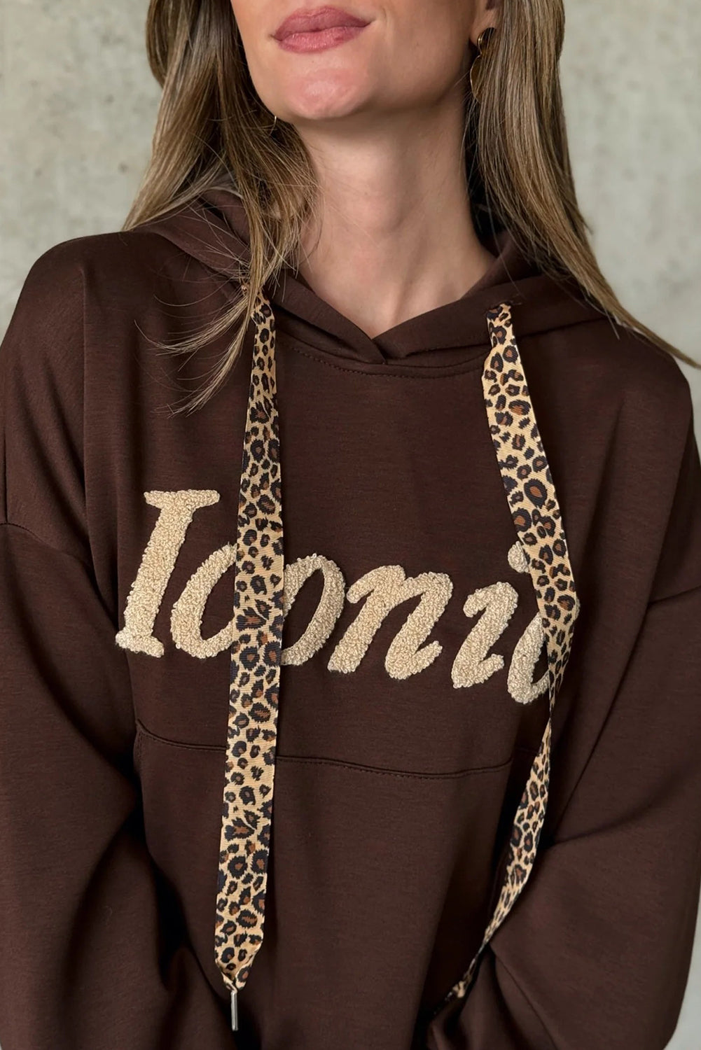Dark Brown Iconic Lettering Graphic Hooded Sweatshirt